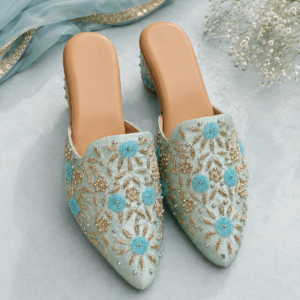 Turquoise blue embroidered Punjabi bridal mule with gold embellishments