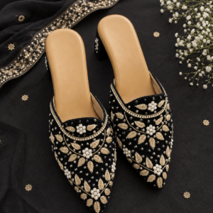 Black and gold embroidered Punjabi bridal mule