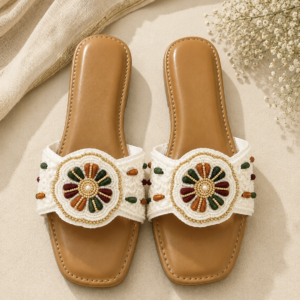 White Multicolor Pearl Embroidered Flat Sandals
