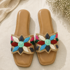 Multicolor Floral Embroidered Handmade Flat Sandals