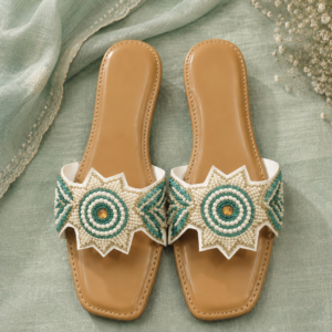Green & White Patterned Embroidered Flats
