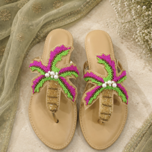 Pink & Green Floral Embroidered Flat Sandals