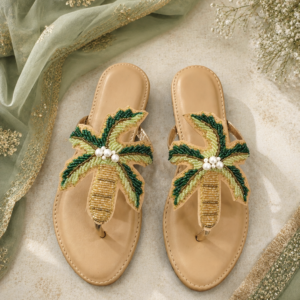 Green & Golden dual tone Floral Embroidered Flat Sandals