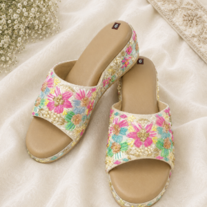 Pink & Green Floral Embroidered Pearl Bridal Heels