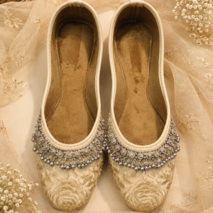 Beige & Golden Floral Embroidered Payal Jutti