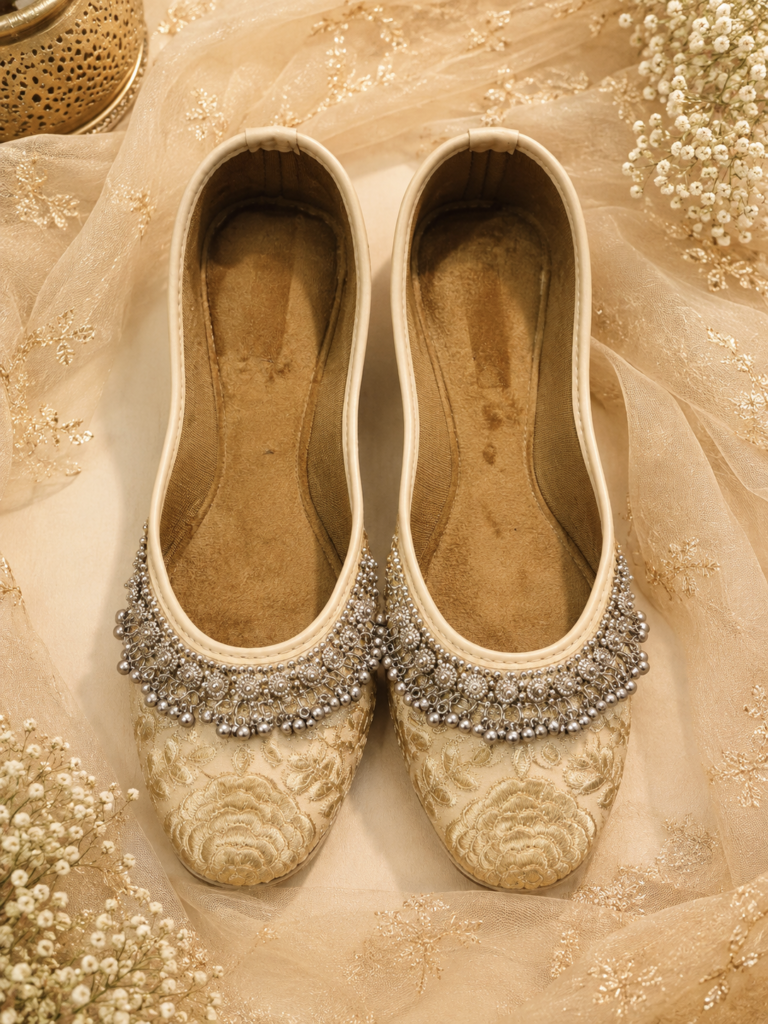 Beige & Golden Floral Embroidered Payal Jutti