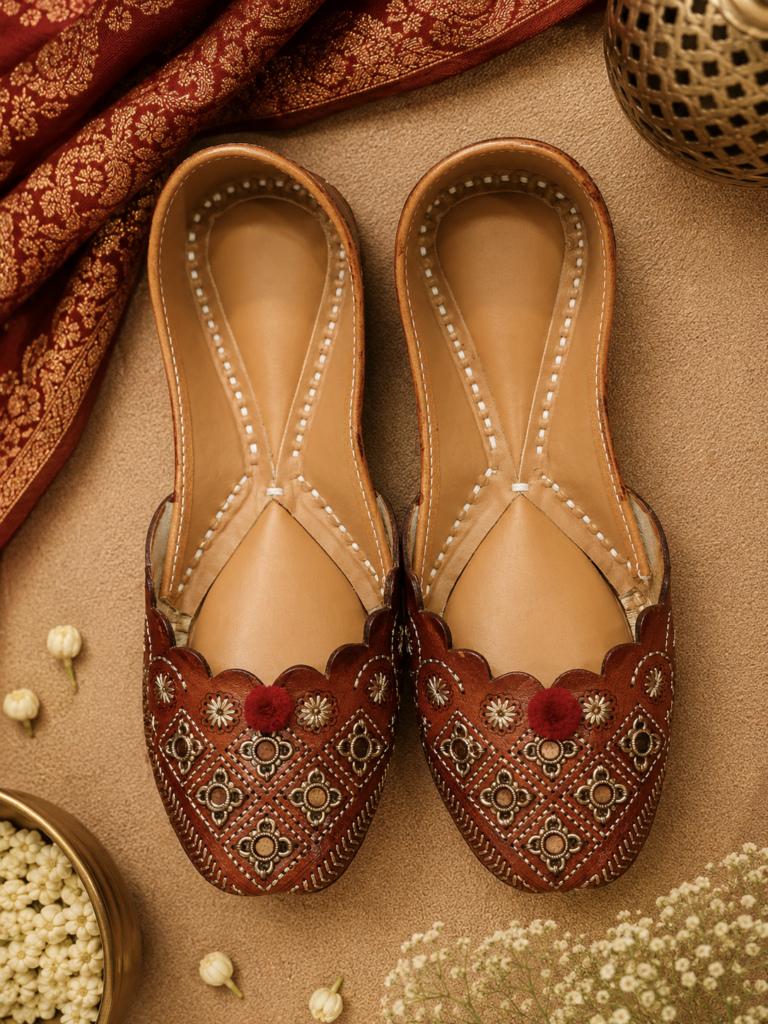 Brown Floral Embroidered Leather Punjabi Jutti