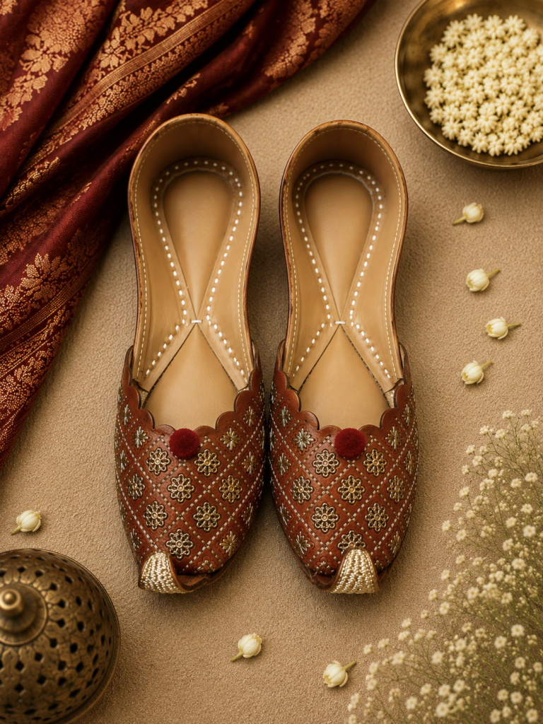Brown Geometric Embroidered Leather Punjabi Jutti