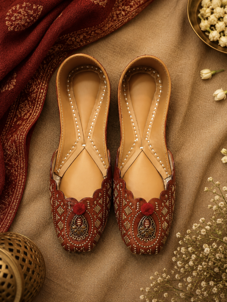 Reddish Brown Ornate Embroidered Leather Punjabi Jutti
