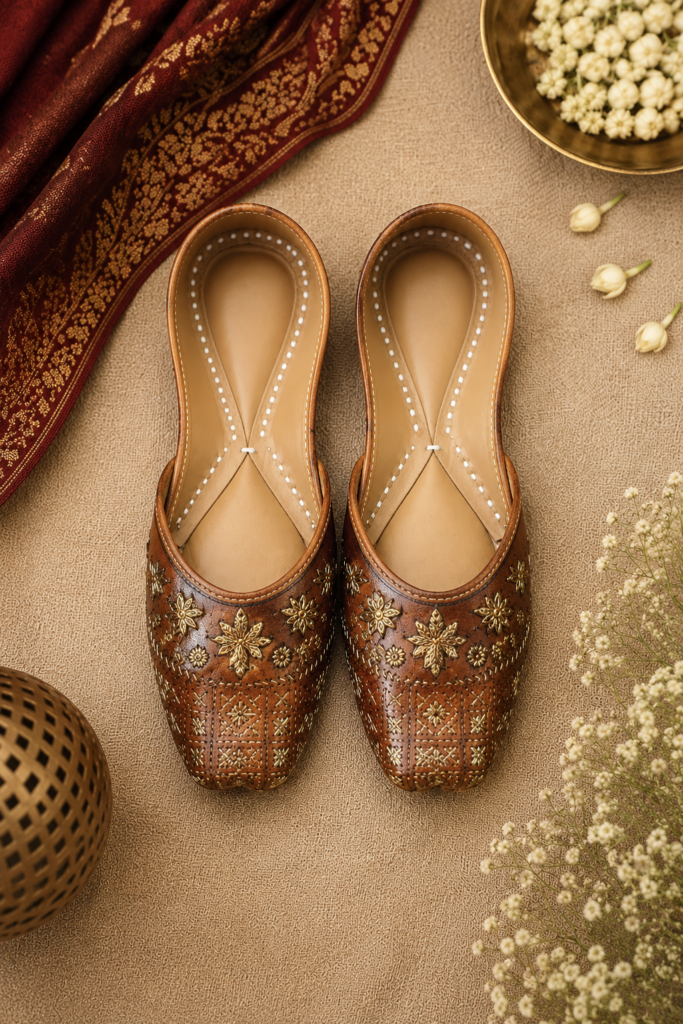 Brown Floral Patterned Leather Punjabi Jutti