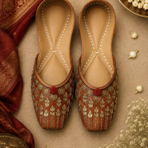 Brown Golden Leaf Embroidered Leather Punjabi Jutti