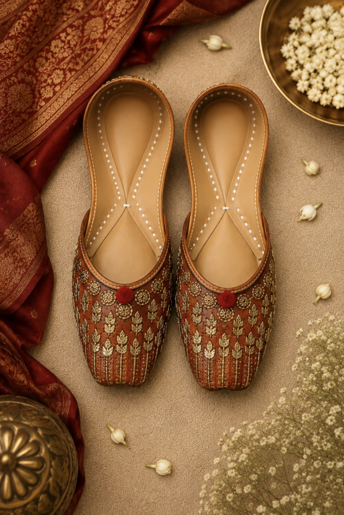 Brown Golden Leaf Embroidered Leather Punjabi Jutti