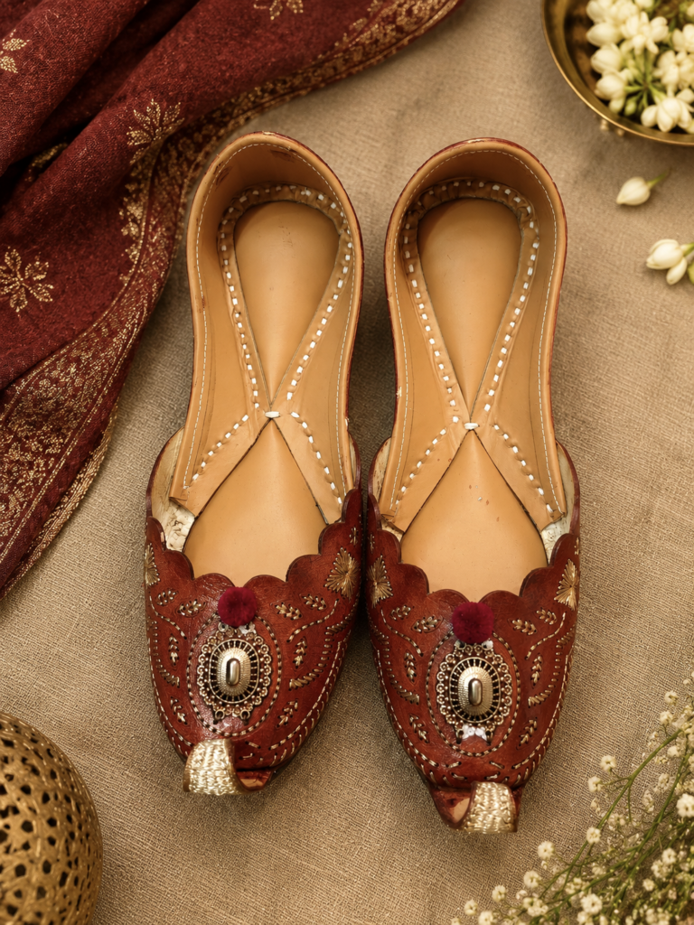 Deep Brown Ornate Tilla-Style Leather Punjabi Jutti