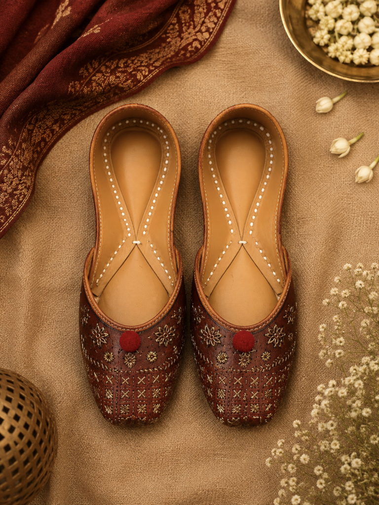 Dark Brown Traditional Embroidered Leather Punjabi Jutti